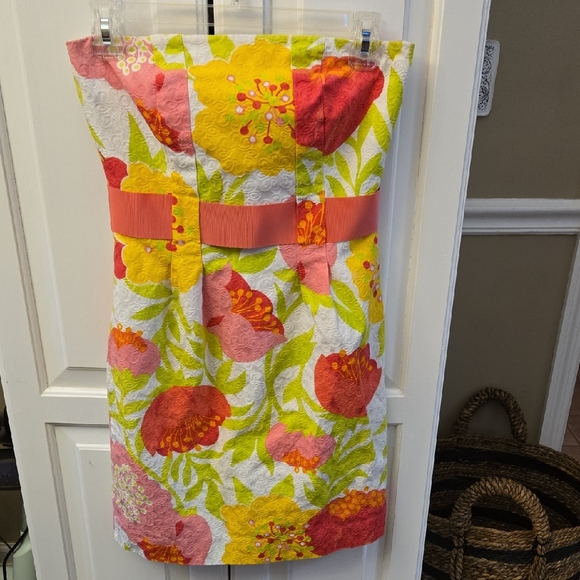 Lilly Pulitzer Floral Strapless Dress Pink Yellow Lime White Cotton sz 0 EUC - Picture 3 of 12